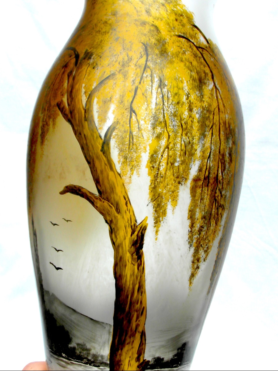 Vase art-nouveau au saule doré par Michel à Nancy, era daum galle legras