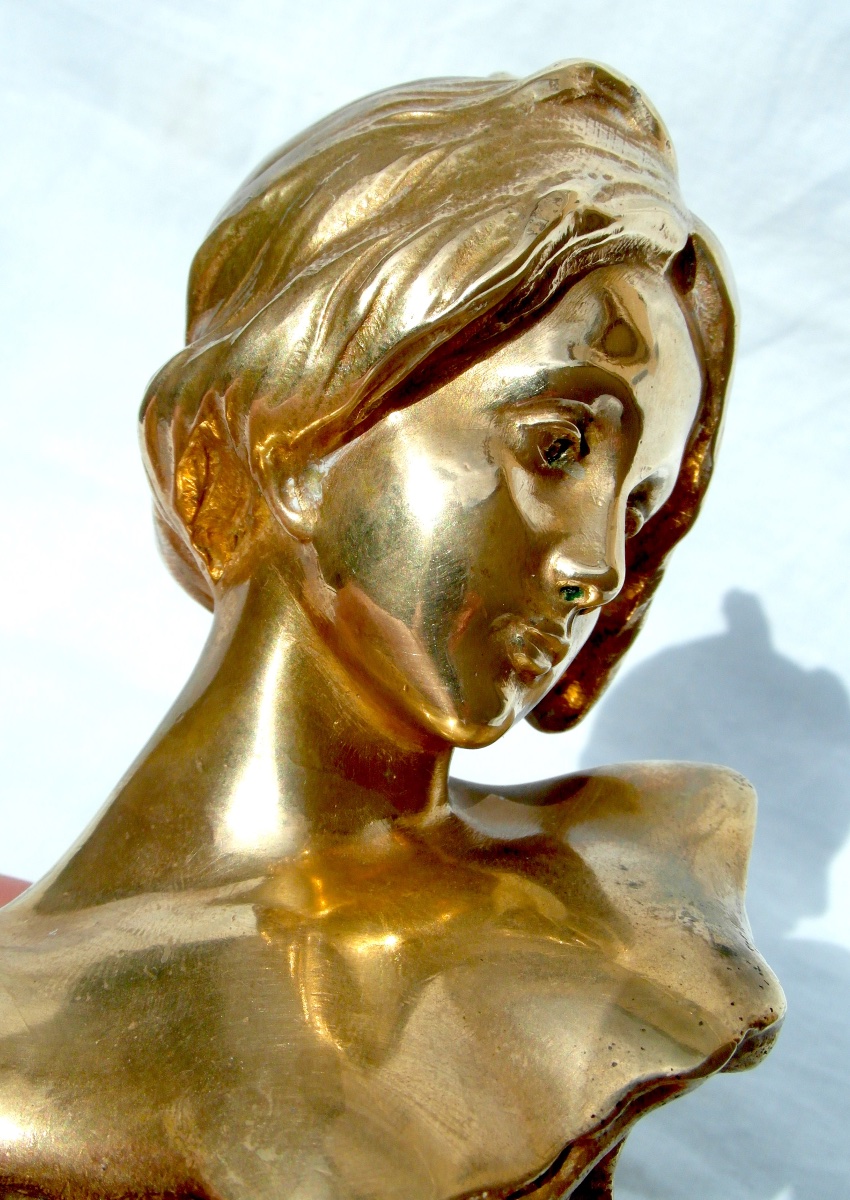 1900 Gilded Bronze Bust "la Melancolie" By Antoine Bofill, And Louchet Fondeur-photo-3
