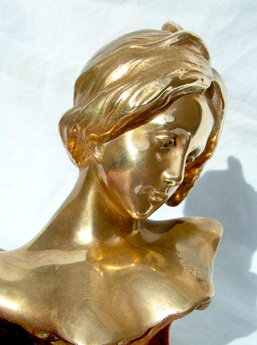 1900 Gilded Bronze Bust "la Melancolie" By Antoine Bofill, And Louchet Fondeur-photo-1