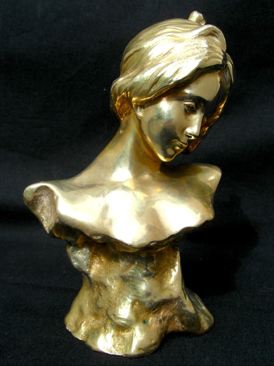 1900 Gilded Bronze Bust "la Melancolie" By Antoine Bofill, And Louchet Fondeur-photo-3