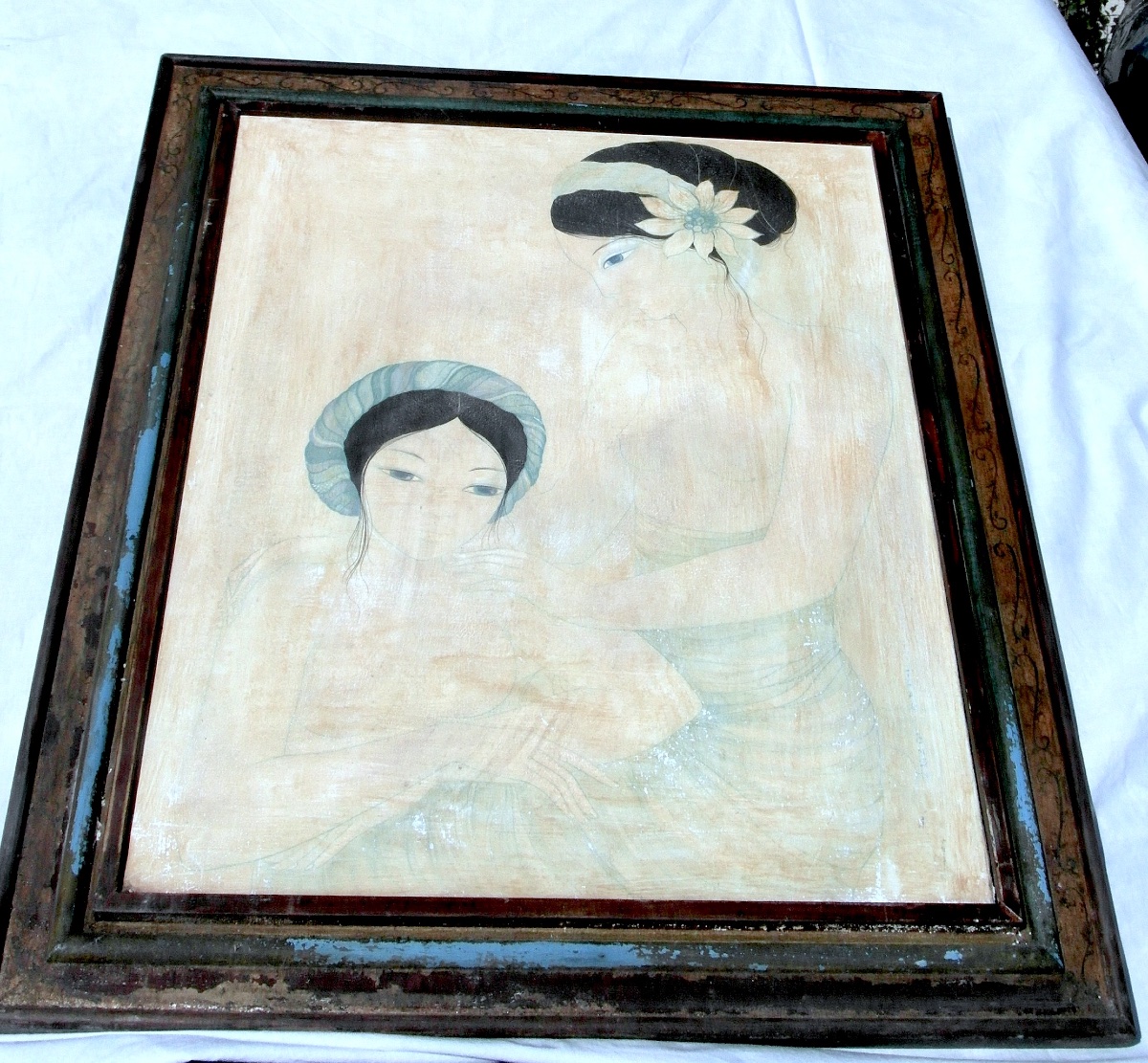 Oil On Silk "chagrin D"amour" By Mara Tran Long, 1977, Signed -photo-2
