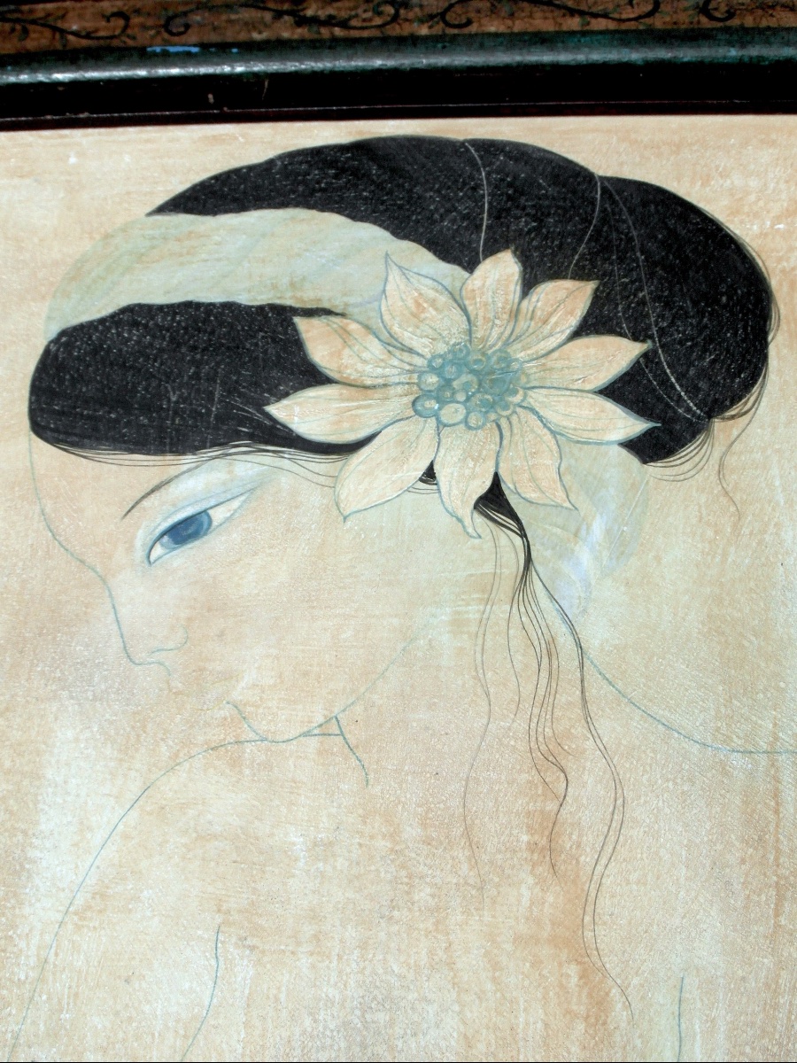 Oil On Silk "chagrin D"amour" By Mara Tran Long, 1977, Signed -photo-3
