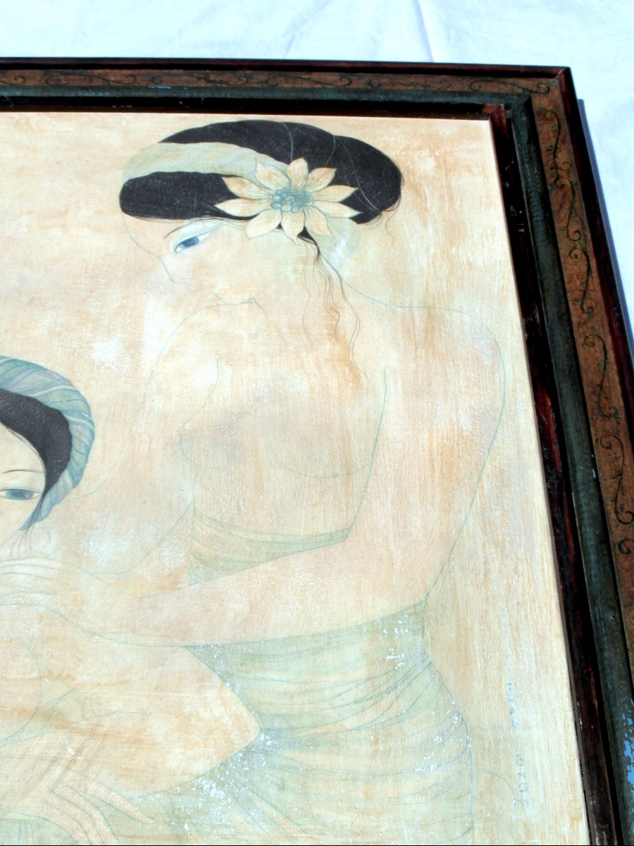 Oil On Silk "chagrin D"amour" By Mara Tran Long, 1977, Signed -photo-1