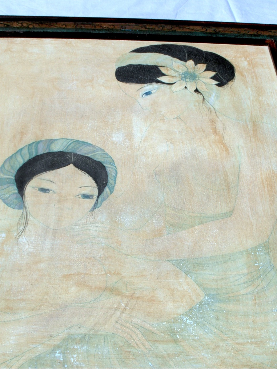 Oil On Silk "chagrin D"amour" By Mara Tran Long, 1977, Signed -photo-3