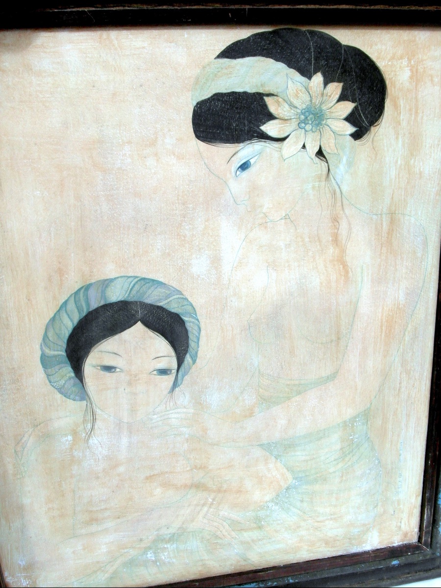Oil On Silk "chagrin D"amour" By Mara Tran Long, 1977, Signed -photo-4
