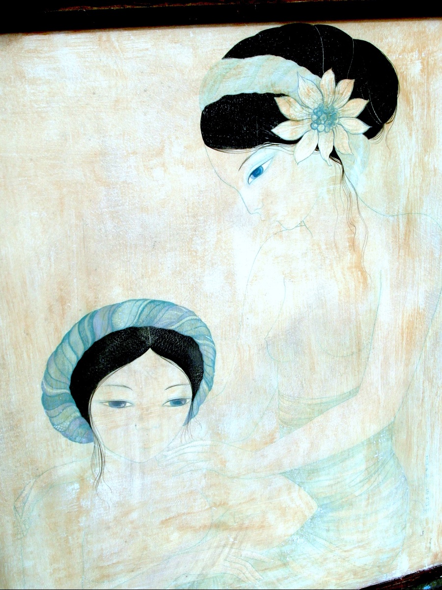 Oil On Silk "chagrin D"amour" By Mara Tran Long, 1977, Signed 