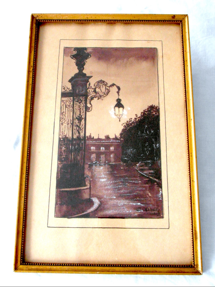 Pair Of Watercolors With Gouache Highlights Place Stanislas, By J Cherrier From 1931, Daum Era-photo-2