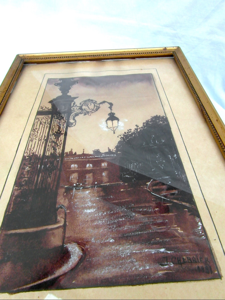 Pair Of Watercolors With Gouache Highlights Place Stanislas, By J Cherrier From 1931, Daum Era-photo-2