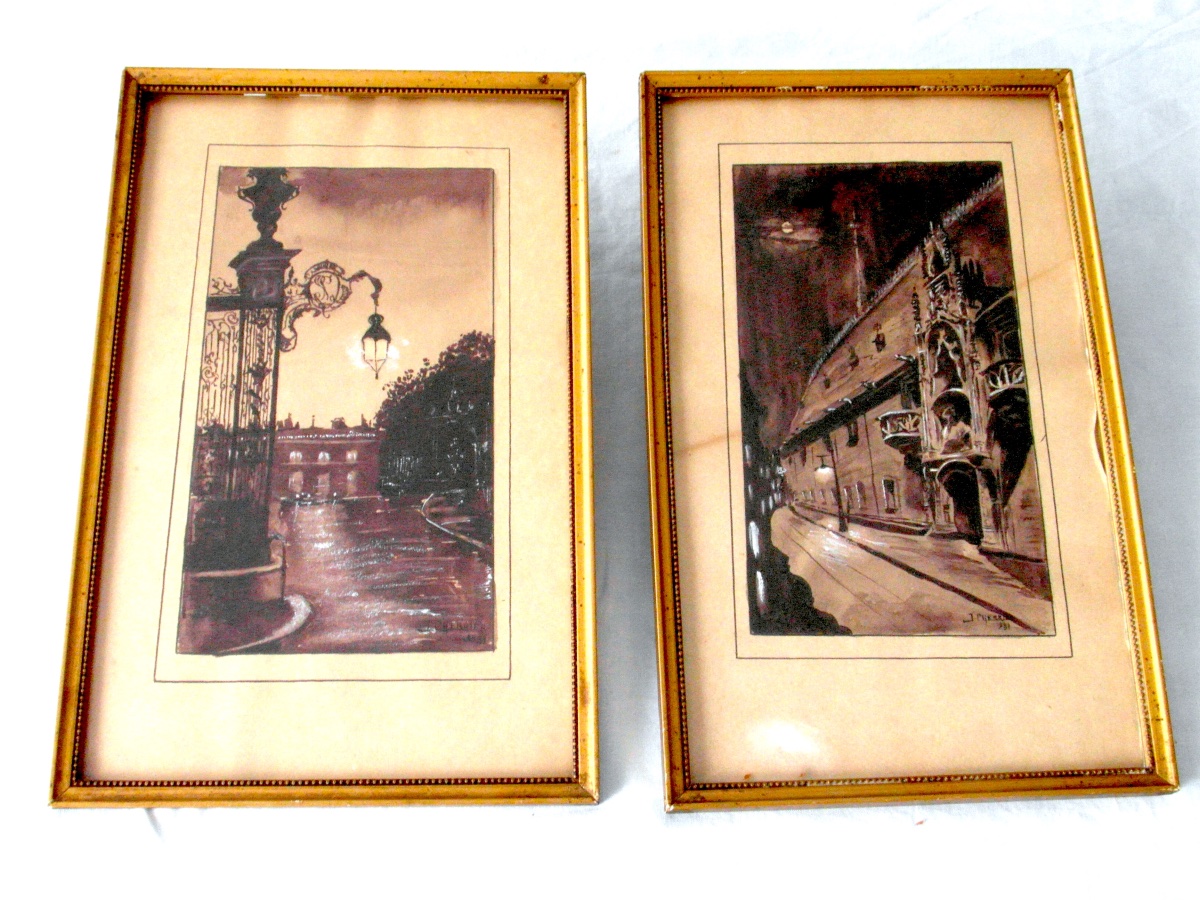 Pair Of Watercolors With Gouache Highlights Place Stanislas, By J Cherrier From 1931, Daum Era