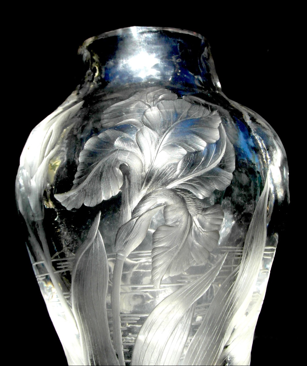 Vase Decorated With Irises, Carved By Eugène Michel; Bronze Mount By Enot, Circa 1900, Daum Era-photo-3