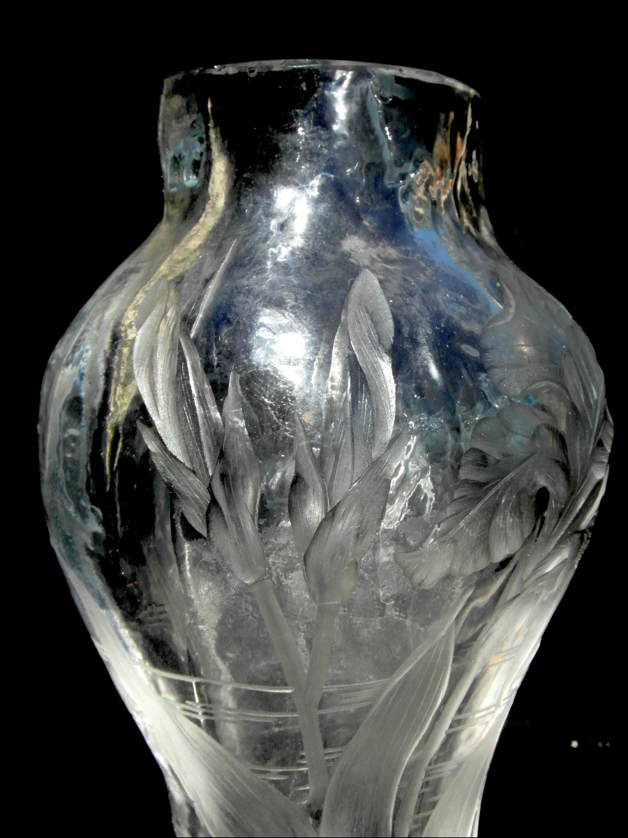 Vase Decorated With Irises, Carved By Eugène Michel; Bronze Mount By Enot, Circa 1900, Daum Era-photo-4