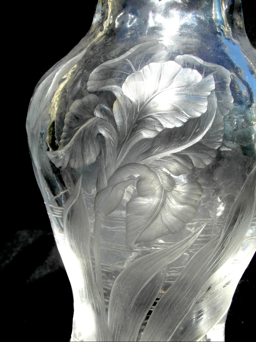 Vase Decorated With Irises, Carved By Eugène Michel; Bronze Mount By Enot, Circa 1900, Daum Era-photo-2