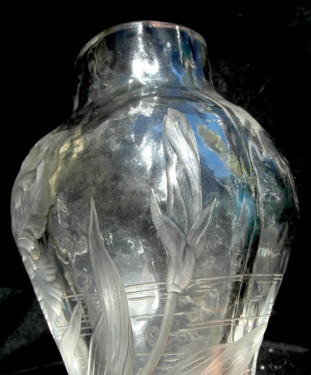 Vase Decorated With Irises, Carved By Eugène Michel; Bronze Mount By Enot, Circa 1900, Daum Era-photo-3