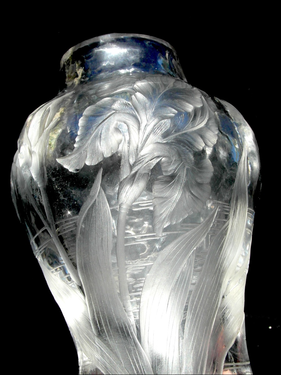 Vase Decorated With Irises, Carved By Eugène Michel; Bronze Mount By Enot, Circa 1900, Daum Era
