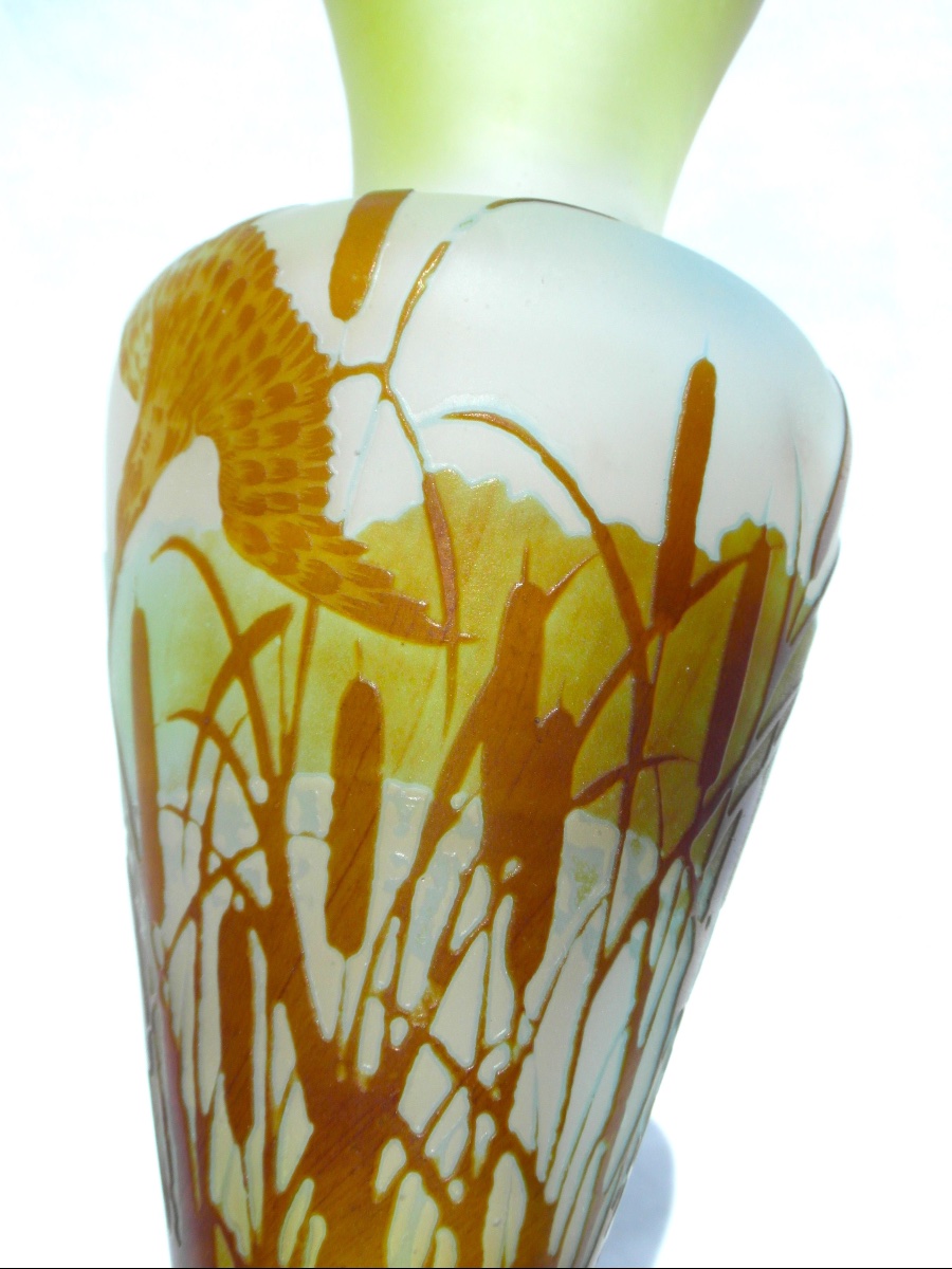 Galle Vase, 1900, " Martins-pêcheurs Dans Les Roseaux", Perfect, Era Daum Art-nouveau-photo-4