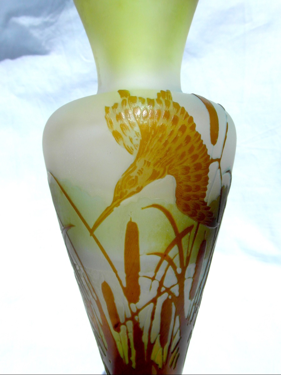 Galle Vase, 1900, " Martins-pêcheurs Dans Les Roseaux", Perfect, Era Daum Art-nouveau-photo-1
