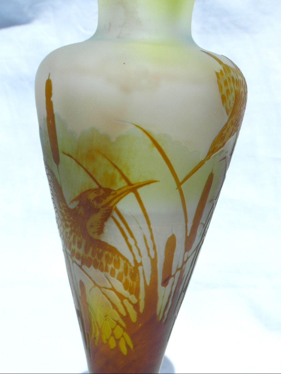 Galle Vase, 1900, " Martins-pêcheurs Dans Les Roseaux", Perfect, Era Daum Art-nouveau-photo-4