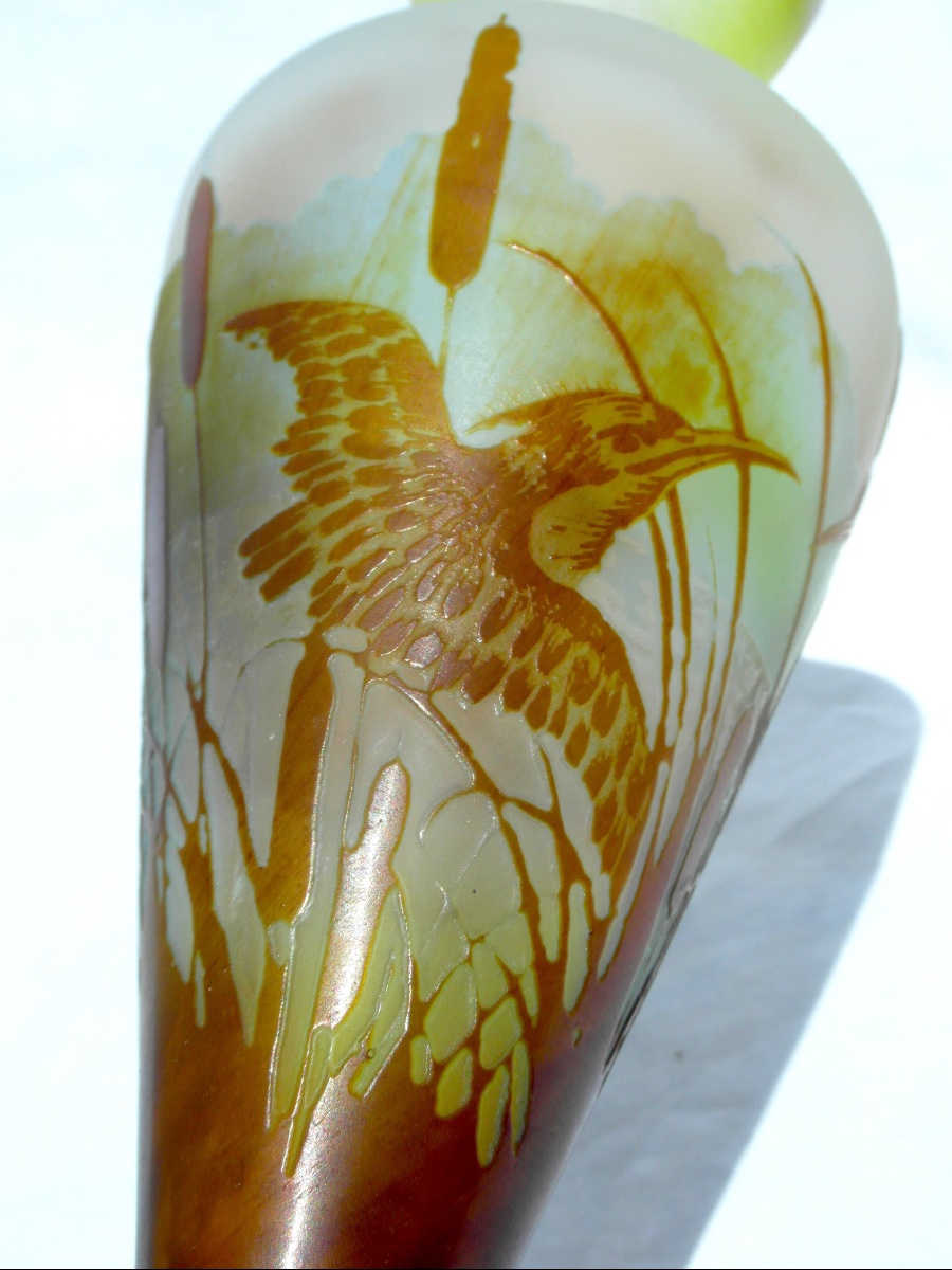 Galle Vase, 1900, " Martins-pêcheurs Dans Les Roseaux", Perfect, Era Daum Art-nouveau-photo-5