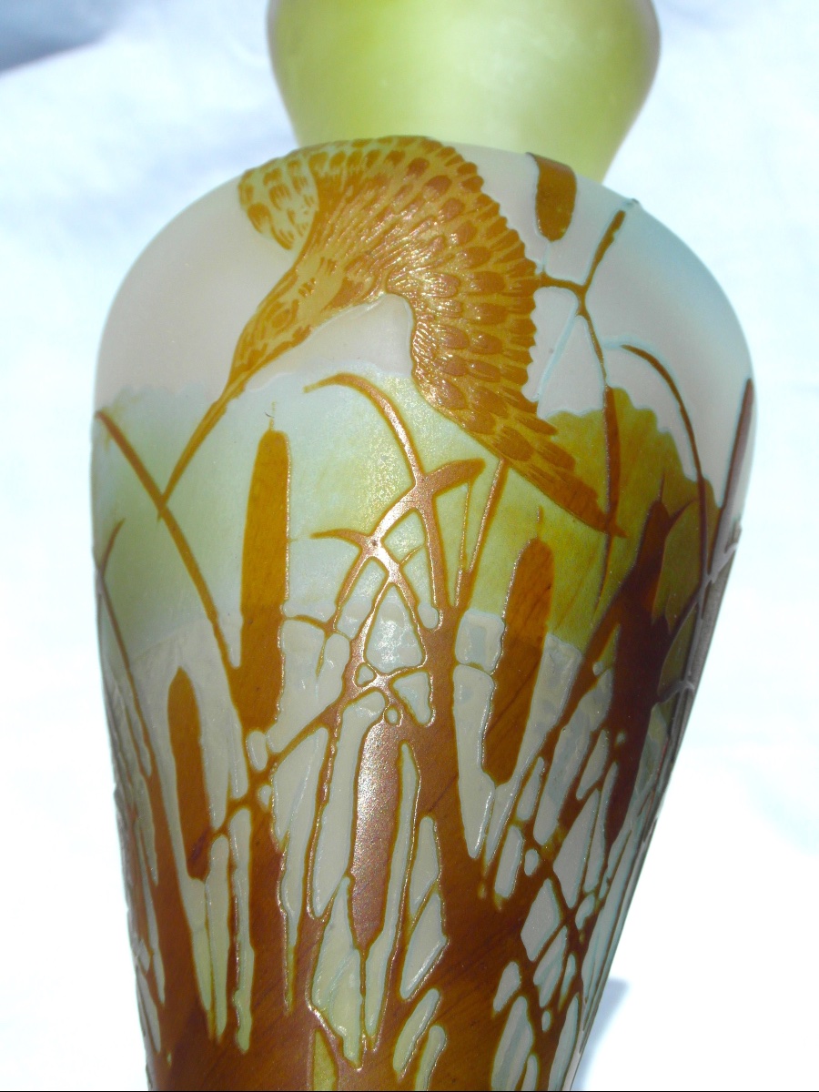 Galle Vase, 1900, " Martins-pêcheurs Dans Les Roseaux", Perfect, Era Daum Art-nouveau-photo-6