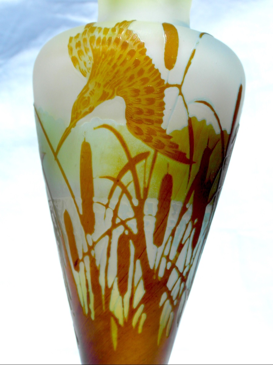 Galle Vase, 1900, " Martins-pêcheurs Dans Les Roseaux", Perfect, Era Daum Art-nouveau