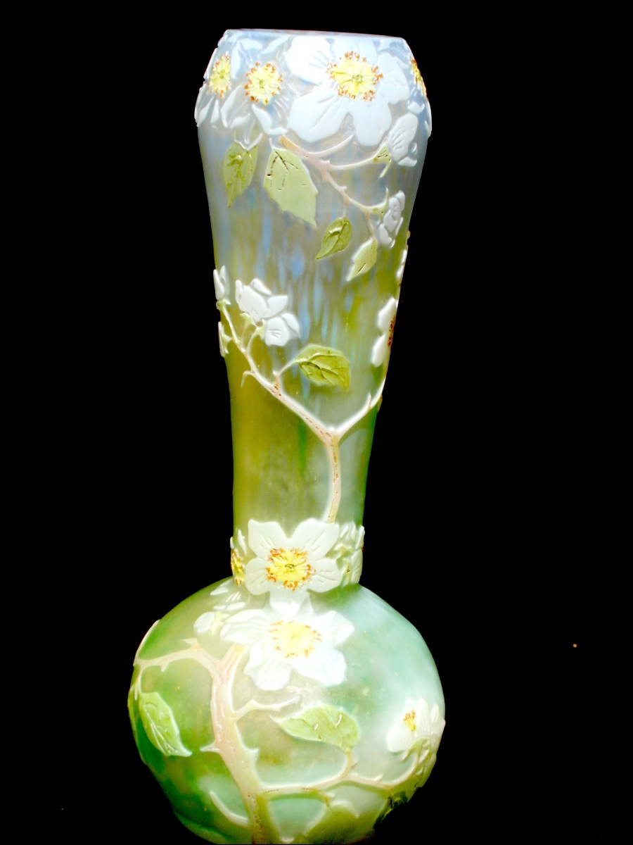Vase soliflore aux fleurs de pommier par Legras, parfait, era daum galle 1900-photo-2