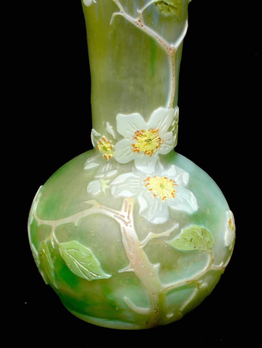 Vase soliflore aux fleurs de pommier par Legras, parfait, era daum galle 1900-photo-3