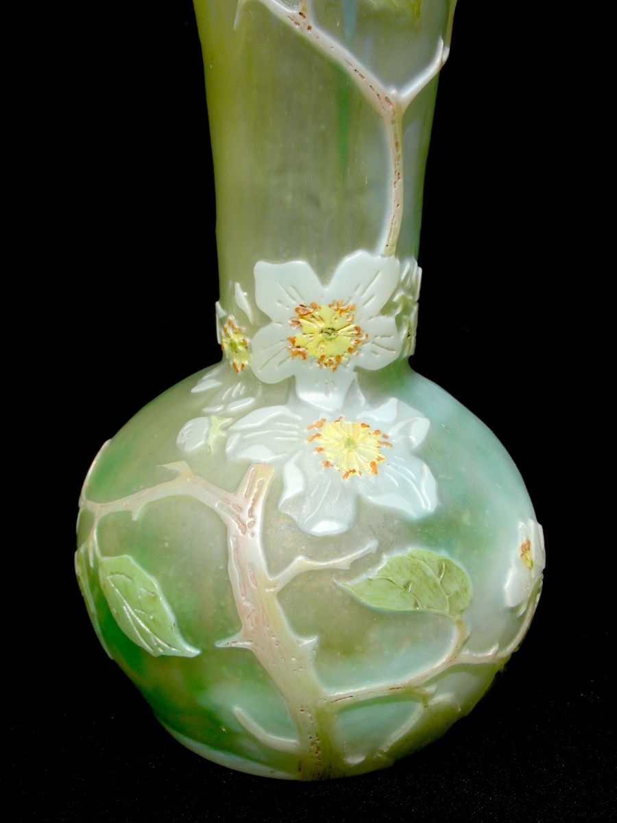 Vase soliflore aux fleurs de pommier par Legras, parfait, era daum galle 1900-photo-1