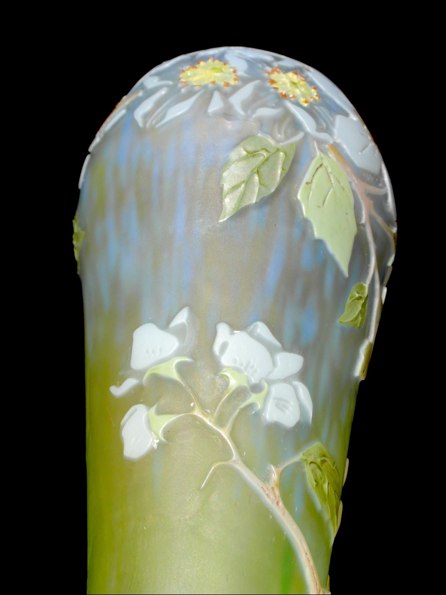Vase soliflore aux fleurs de pommier par Legras, parfait, era daum galle 1900-photo-4