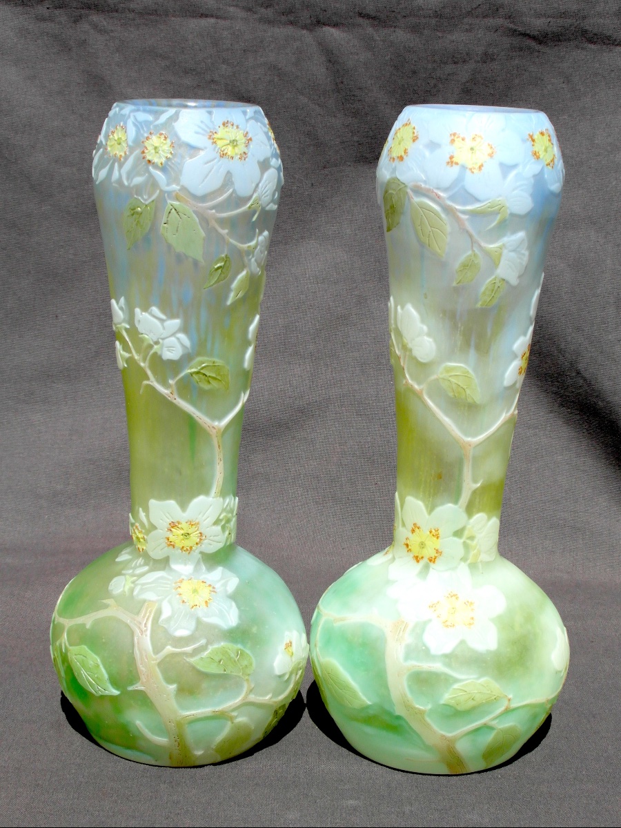 Vase soliflore aux fleurs de pommier par Legras, parfait, era daum galle 1900-photo-8