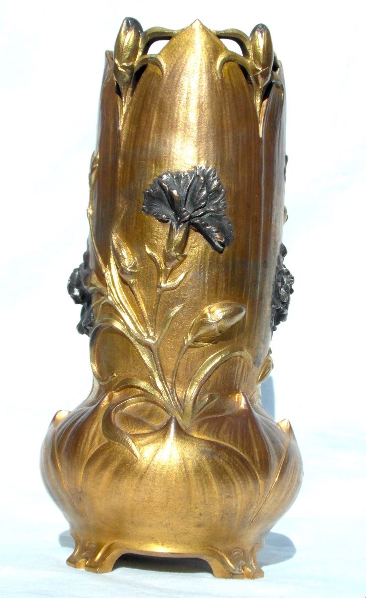 Vase 1900 en bronze polychrome à décor d'oeillets par Guenardeau, era siot marionnet daum-photo-2