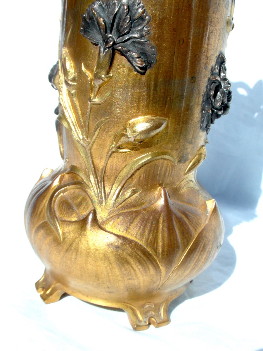 Vase 1900 en bronze polychrome à décor d'oeillets par Guenardeau, era siot marionnet daum-photo-3