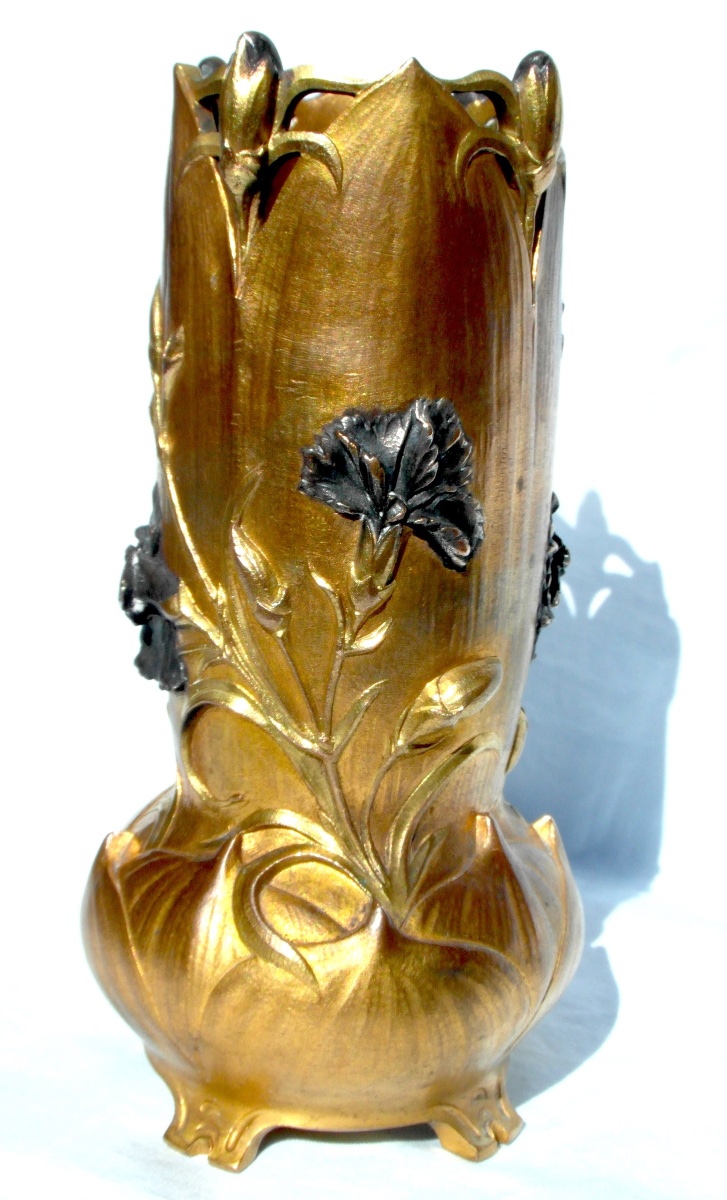 Vase 1900 en bronze polychrome à décor d'oeillets par Guenardeau, era siot marionnet daum-photo-4