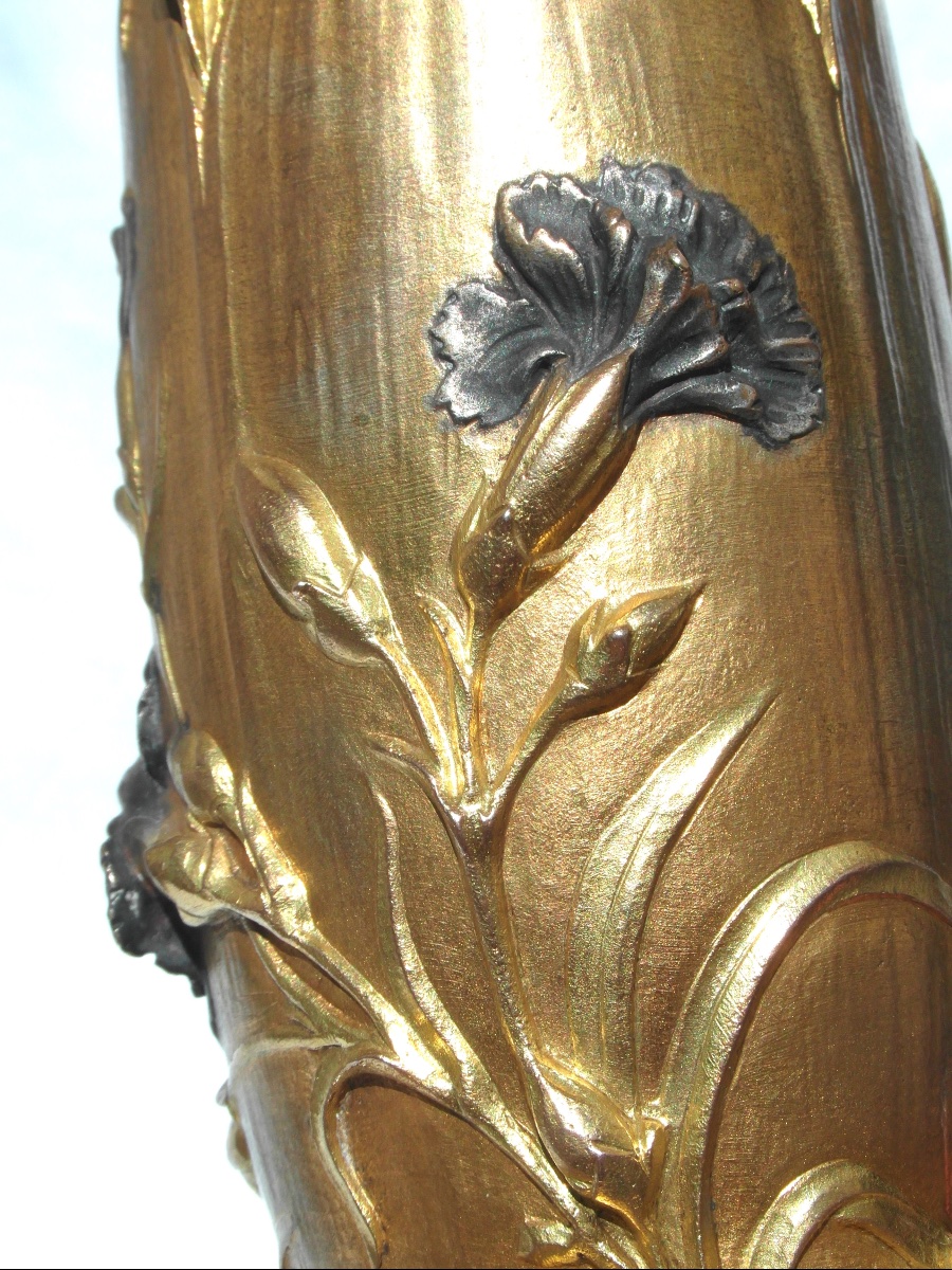 Vase 1900 en bronze polychrome à décor d'oeillets par Guenardeau, era siot marionnet daum-photo-1