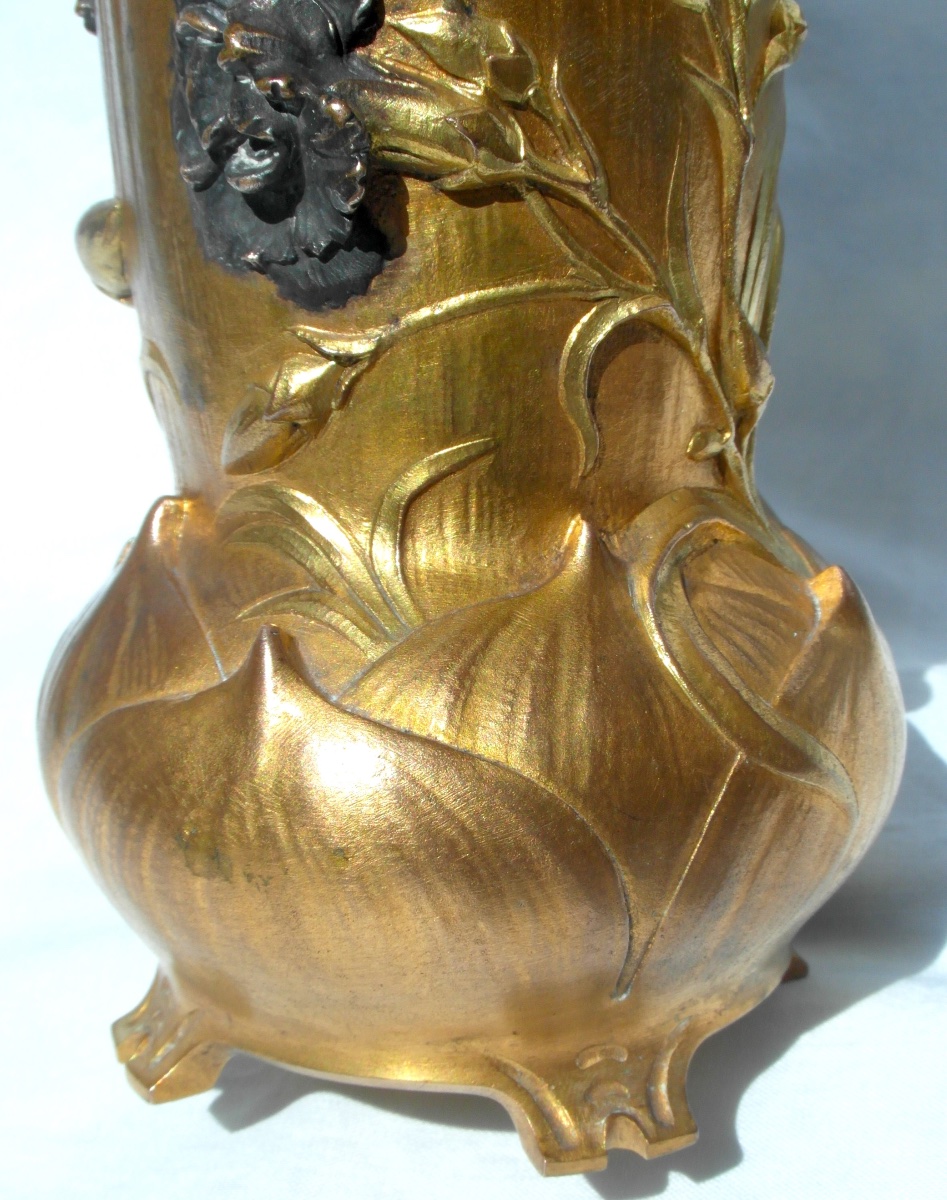 Vase 1900 en bronze polychrome à décor d'oeillets par Guenardeau, era siot marionnet daum-photo-2