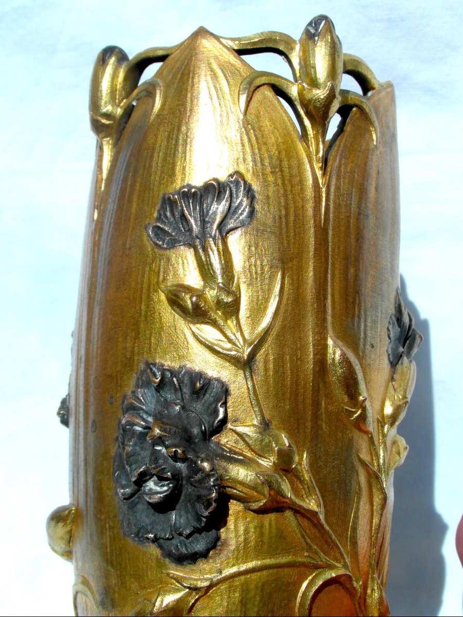 Vase 1900 en bronze polychrome à décor d'oeillets par Guenardeau, era siot marionnet daum-photo-3