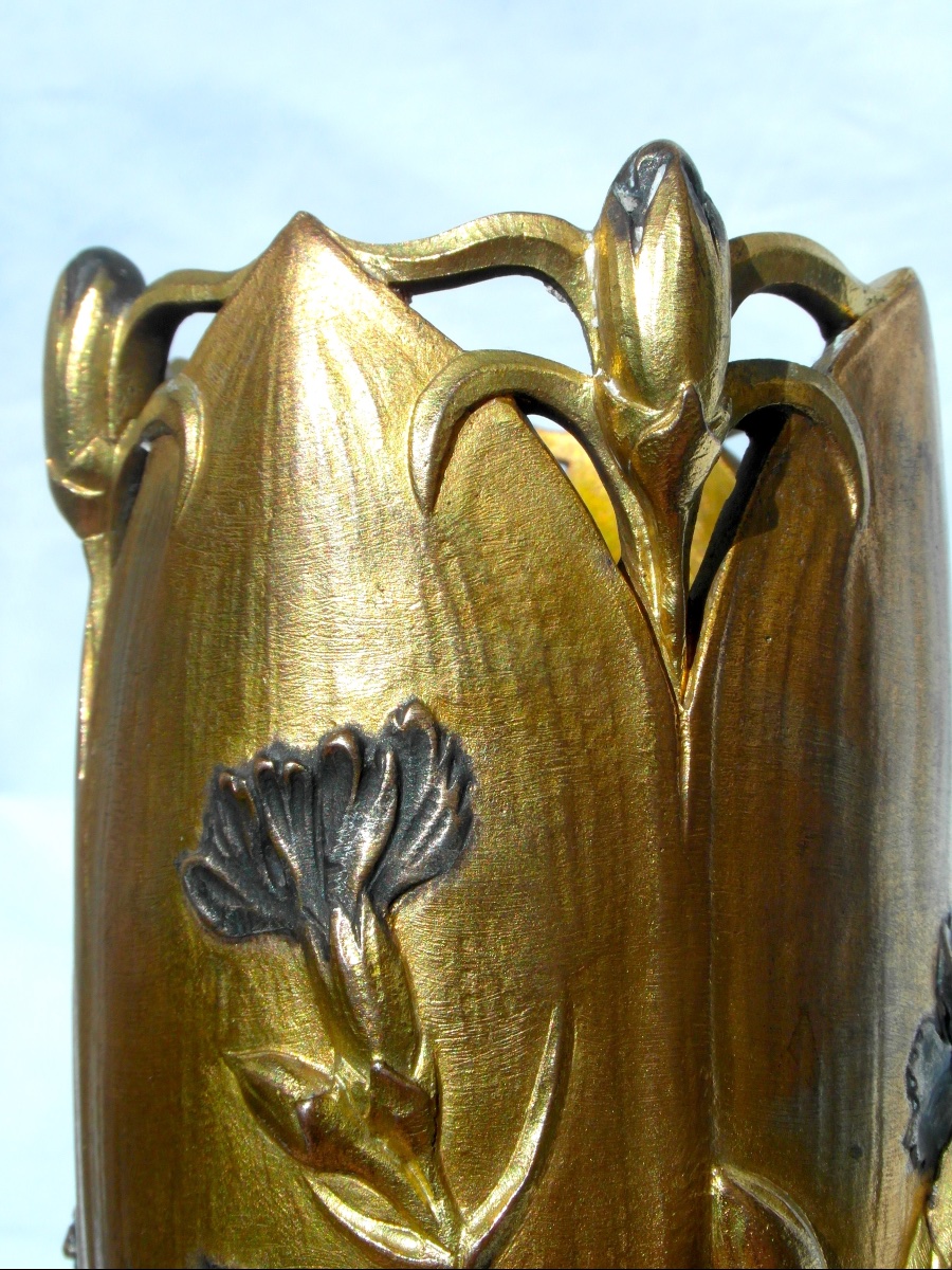 Vase 1900 en bronze polychrome à décor d'oeillets par Guenardeau, era siot marionnet daum-photo-4