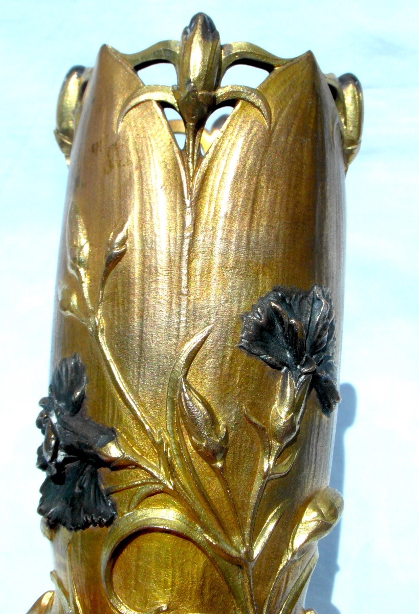 Vase 1900 en bronze polychrome à décor d'oeillets par Guenardeau, era siot marionnet daum-photo-6