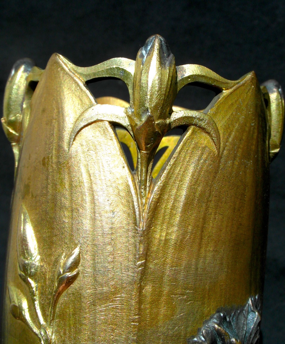 Vase 1900 en bronze polychrome à décor d'oeillets par Guenardeau, era siot marionnet daum-photo-7