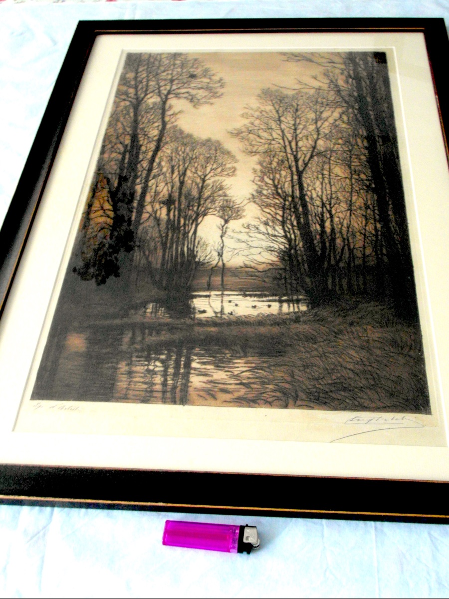 Large Framed Engraving From 1900, By Eugene Delatre, Perfect, 1900, Signed -photo-2