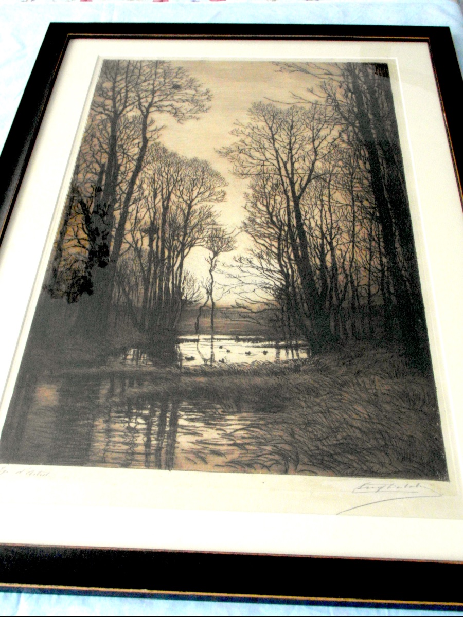 Large Framed Engraving From 1900, By Eugene Delatre, Perfect, 1900, Signed 