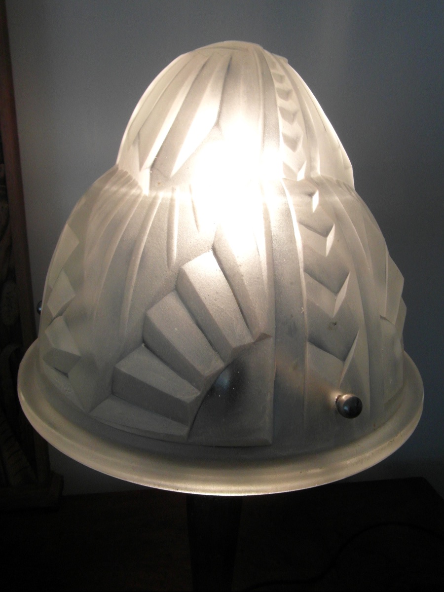Large Art Deco Mushroom Lamp With A Nickel-plated Bronze Base And A Degue Shade, From The Muller Era, 1930-photo-2