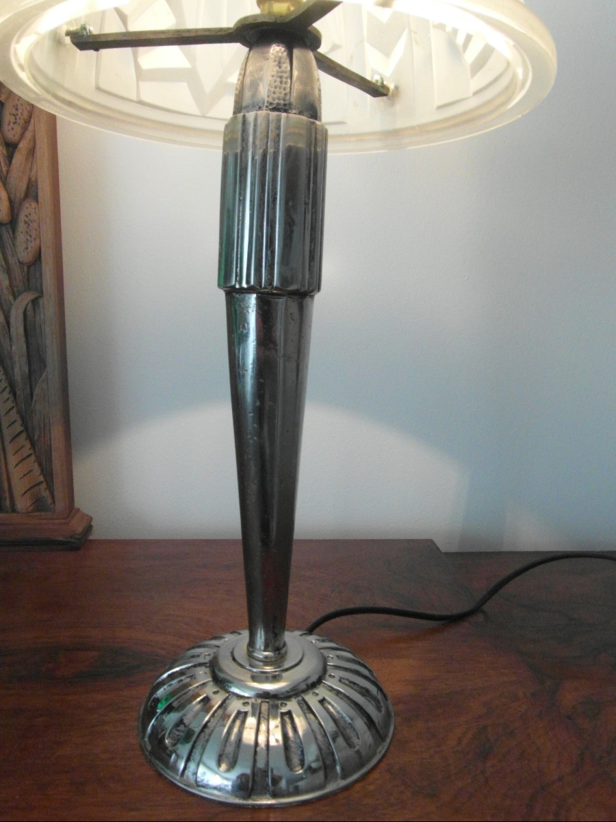 Large Art Deco Mushroom Lamp With A Nickel-plated Bronze Base And A Degue Shade, From The Muller Era, 1930-photo-3