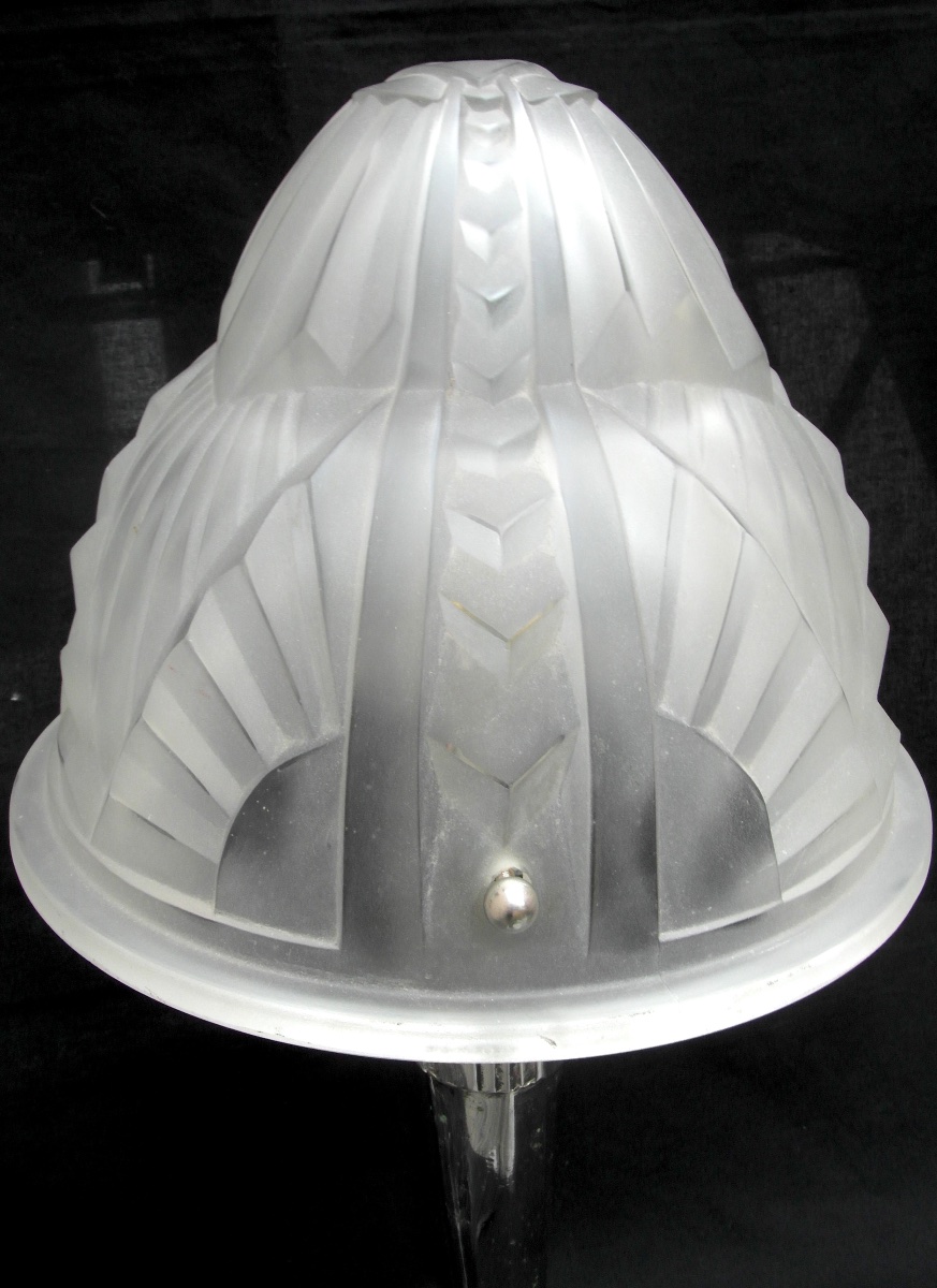 Large Art Deco Mushroom Lamp With A Nickel-plated Bronze Base And A Degue Shade, From The Muller Era, 1930-photo-1