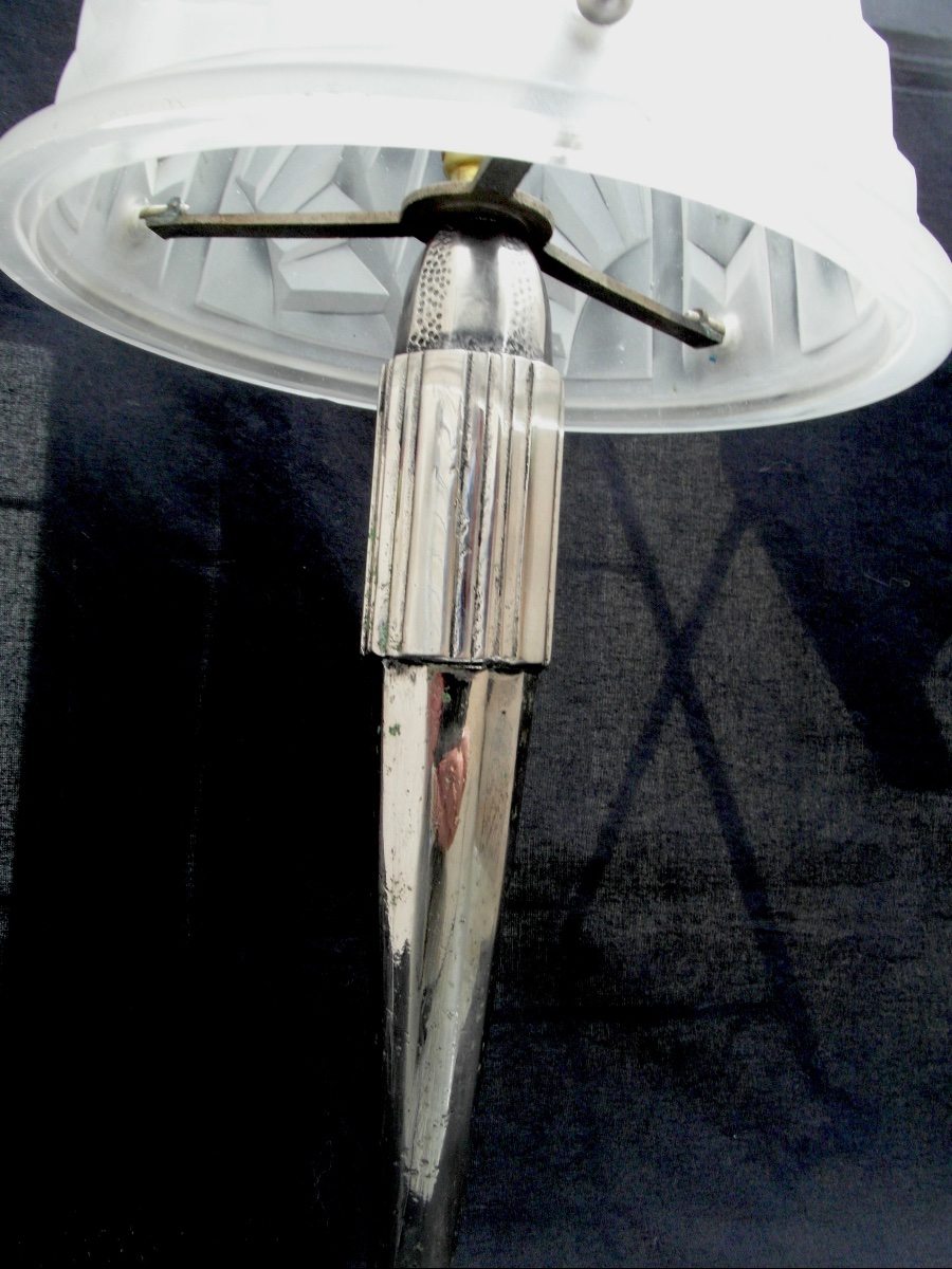 Large Art Deco Mushroom Lamp With A Nickel-plated Bronze Base And A Degue Shade, From The Muller Era, 1930-photo-4
