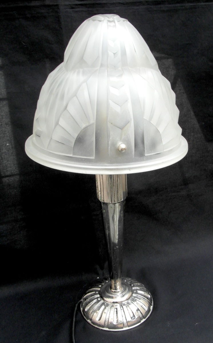 Large Art Deco Mushroom Lamp With A Nickel-plated Bronze Base And A Degue Shade, From The Muller Era, 1930-photo-5