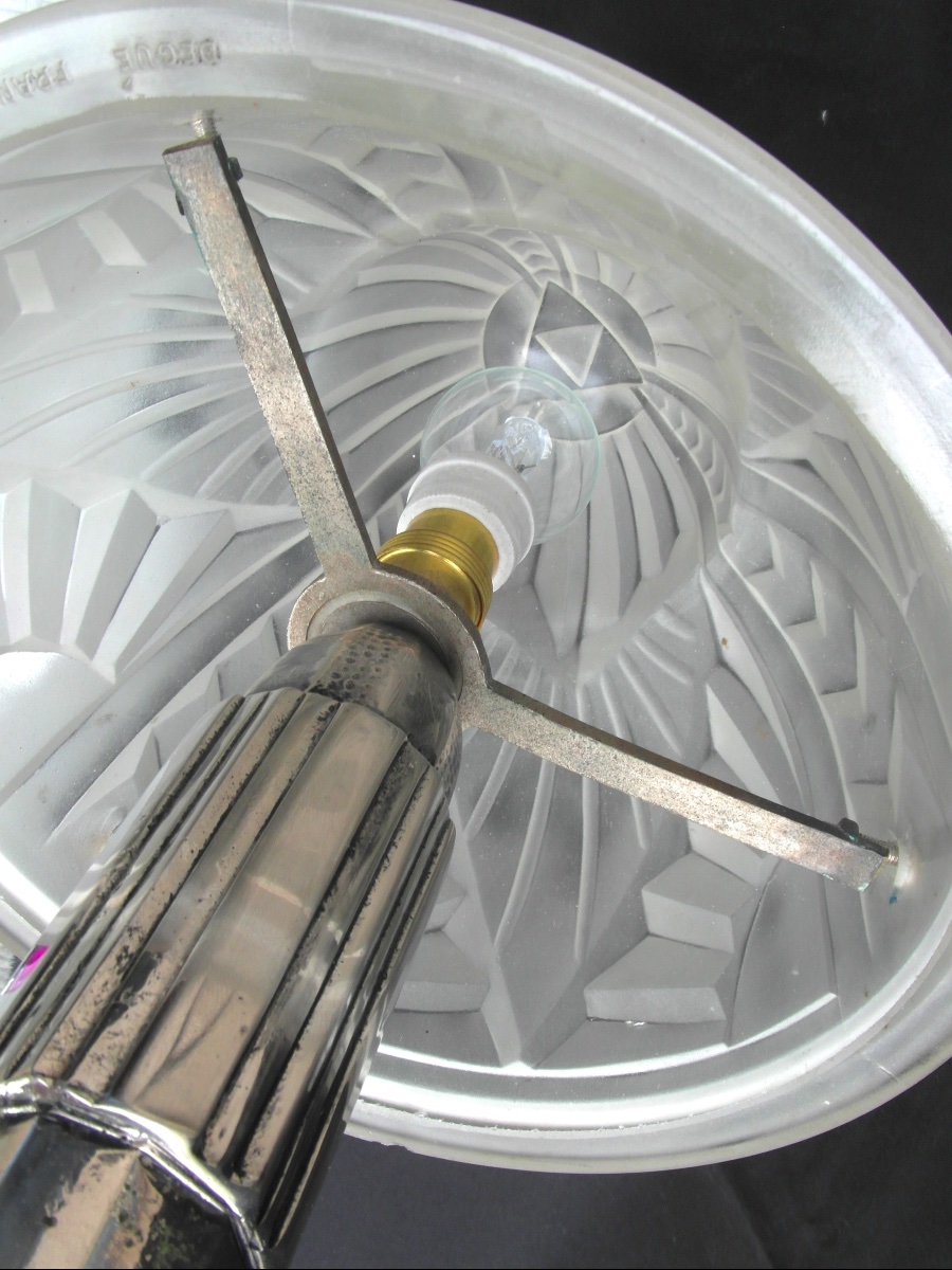 Large Art Deco Mushroom Lamp With A Nickel-plated Bronze Base And A Degue Shade, From The Muller Era, 1930-photo-7