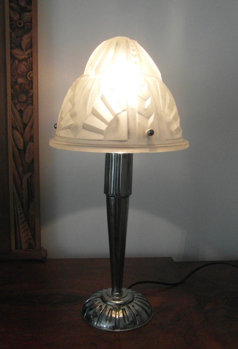 Large Art Deco Mushroom Lamp With A Nickel-plated Bronze Base And A Degue Shade, From The Muller Era, 1930