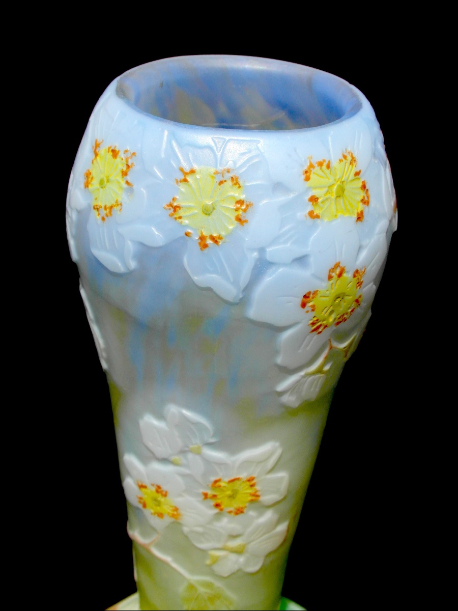 Vase soliflore aux fleurs de pommier par Legras, parfait, era daum galle 1900-photo-3