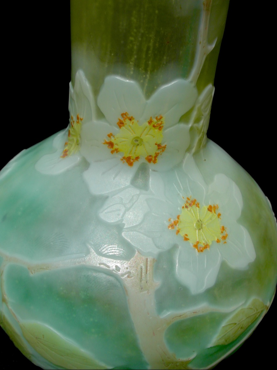 Vase soliflore aux fleurs de pommier par Legras, parfait, era daum galle 1900-photo-3