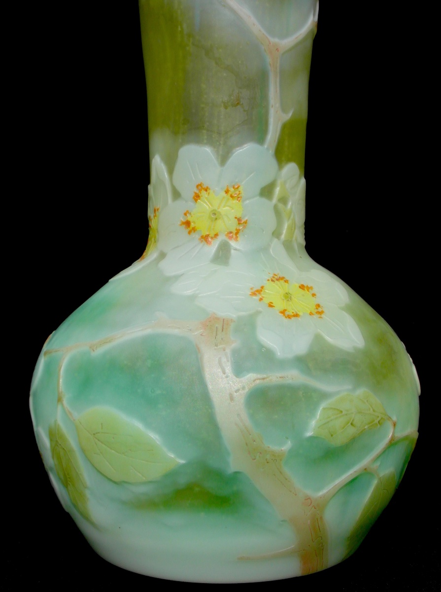 Vase soliflore aux fleurs de pommier par Legras, parfait, era daum galle 1900-photo-5